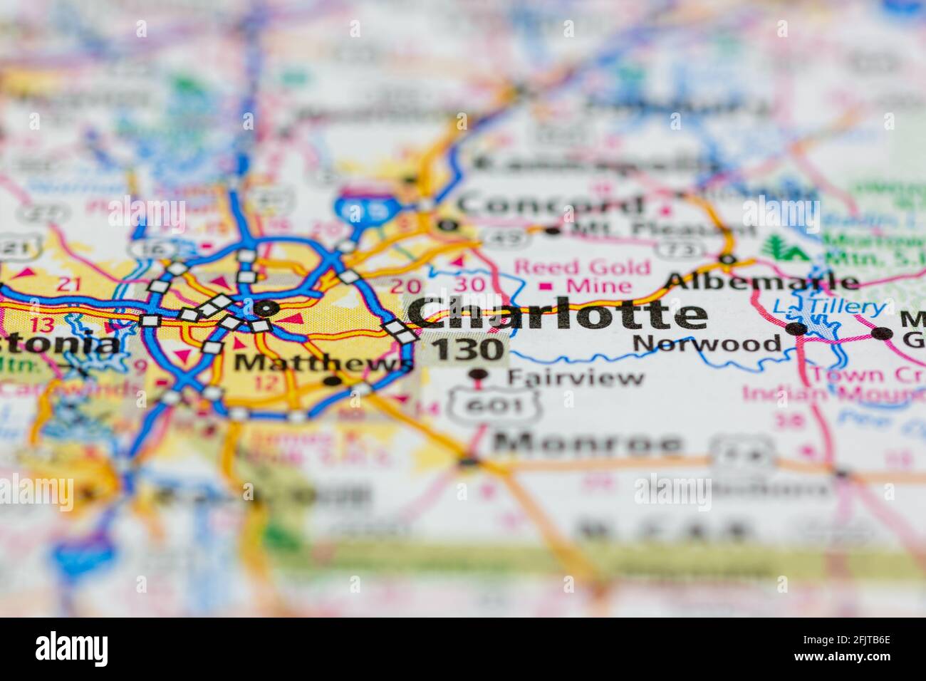 Charlotte North Carolina USA und Umgebung auf einem abgebildet Straßenkarte oder Geografie-Karte Stockfoto