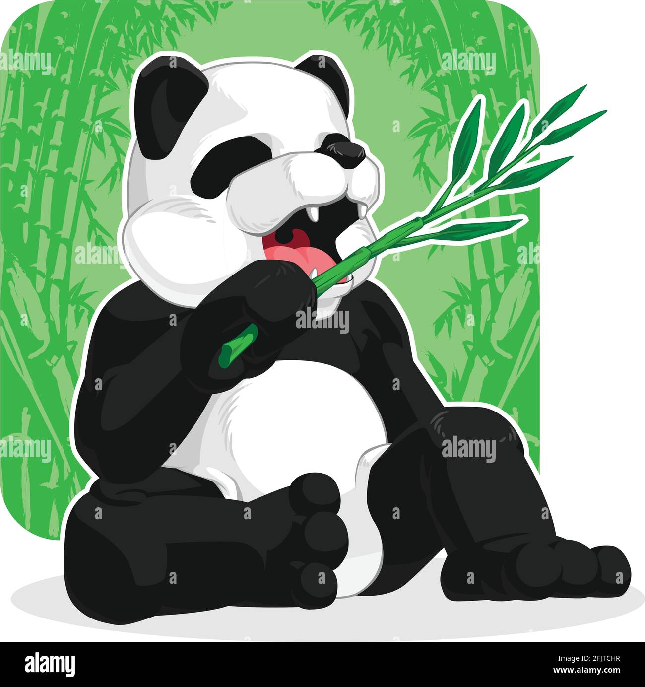 Cartoon Illustration Zeichnung: Hungriger Riese Panda, Der Bambusblätter Frisst Stock Vektor