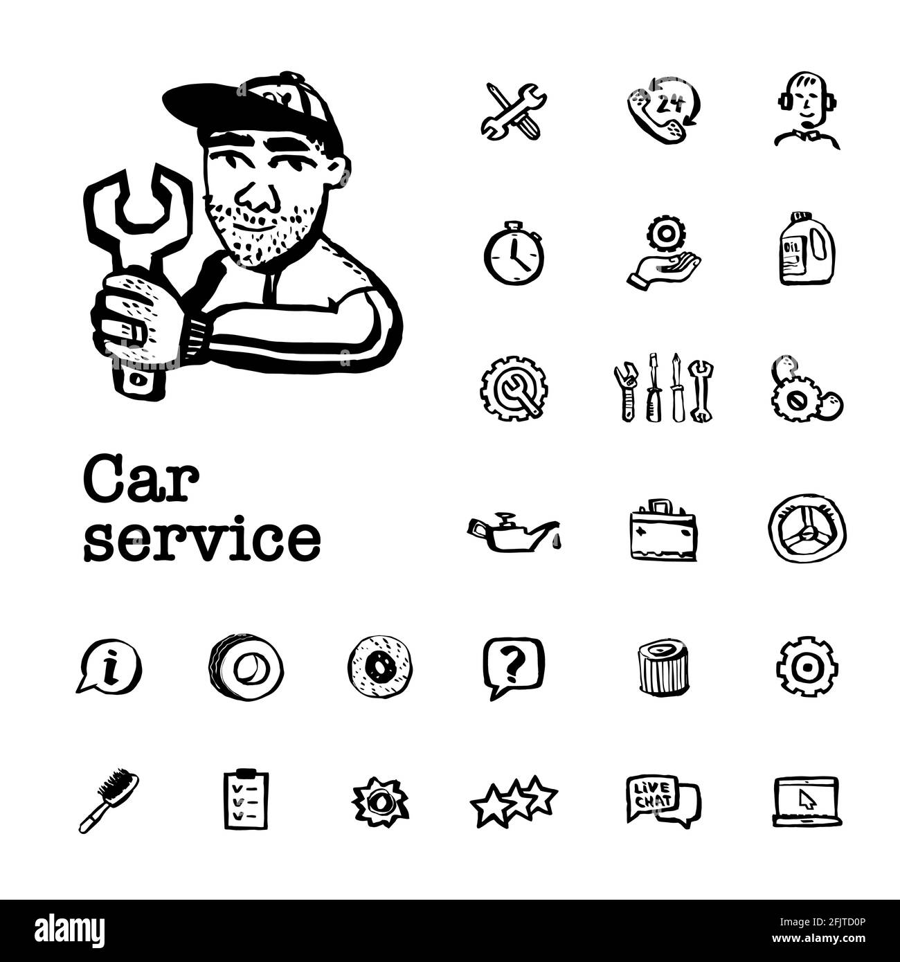 Car Service-Konzept. Set mit Autoteilen und Werkzeugen, Autoservice, Reifenservice, Autoreparatur etc. Doodle Tinte Stil Vektor Illustration. Stock Vektor