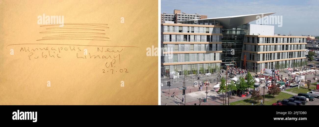Zusammengesetztes Foto mit einer schnellen Skizze von 2002 für die Central Library in Minneapolis, Minnesota vom Architekten César Pelli und der großen Eröffnung des 2006 Stockfoto