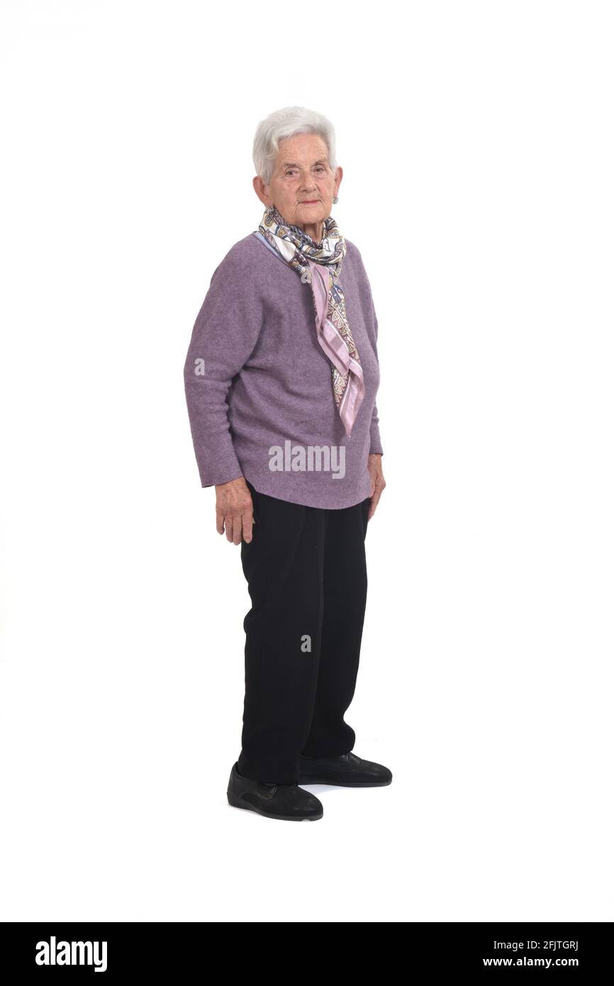 Ältere Frau auf Weiß Stockfoto