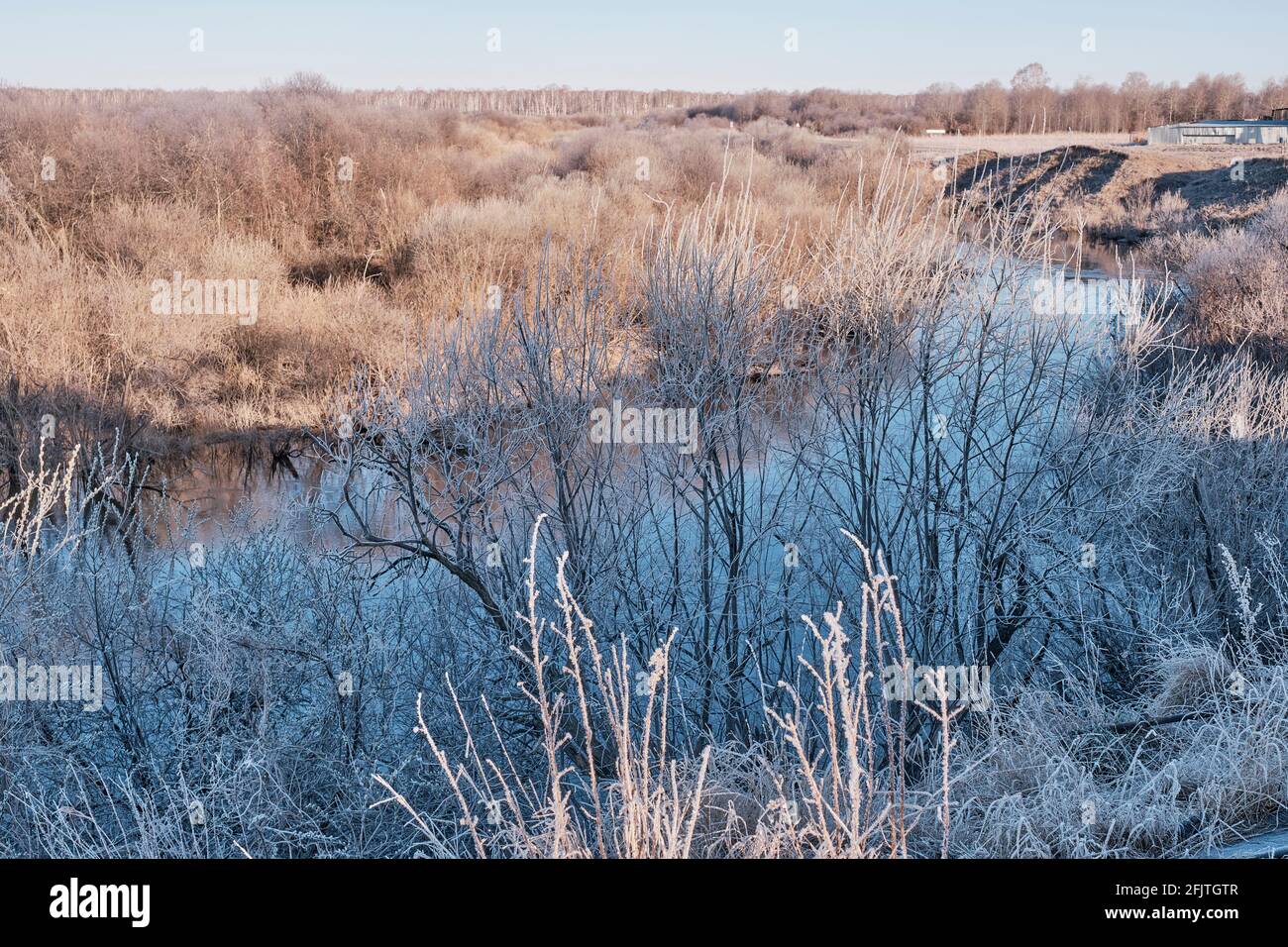 Sibirischer Fluss Vagai am frühen Morgen. Das Gras und die Sträucher sind mit Frost bedeckt. Frühlingslandschaft. Stockfoto
