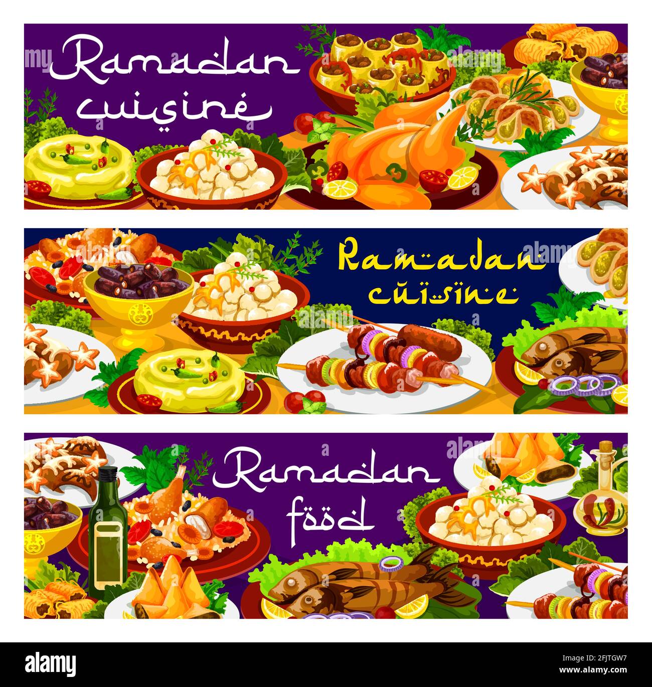 Ramadan-Essen, Iftar biryani- und Eid Mubarak-Gerichte, Gerichte der islamischen Speisekarte, Vektorbanner. Ramadan Kareem traditionelle Iftar-Speisen und religiöse Fastenkuis Stock Vektor