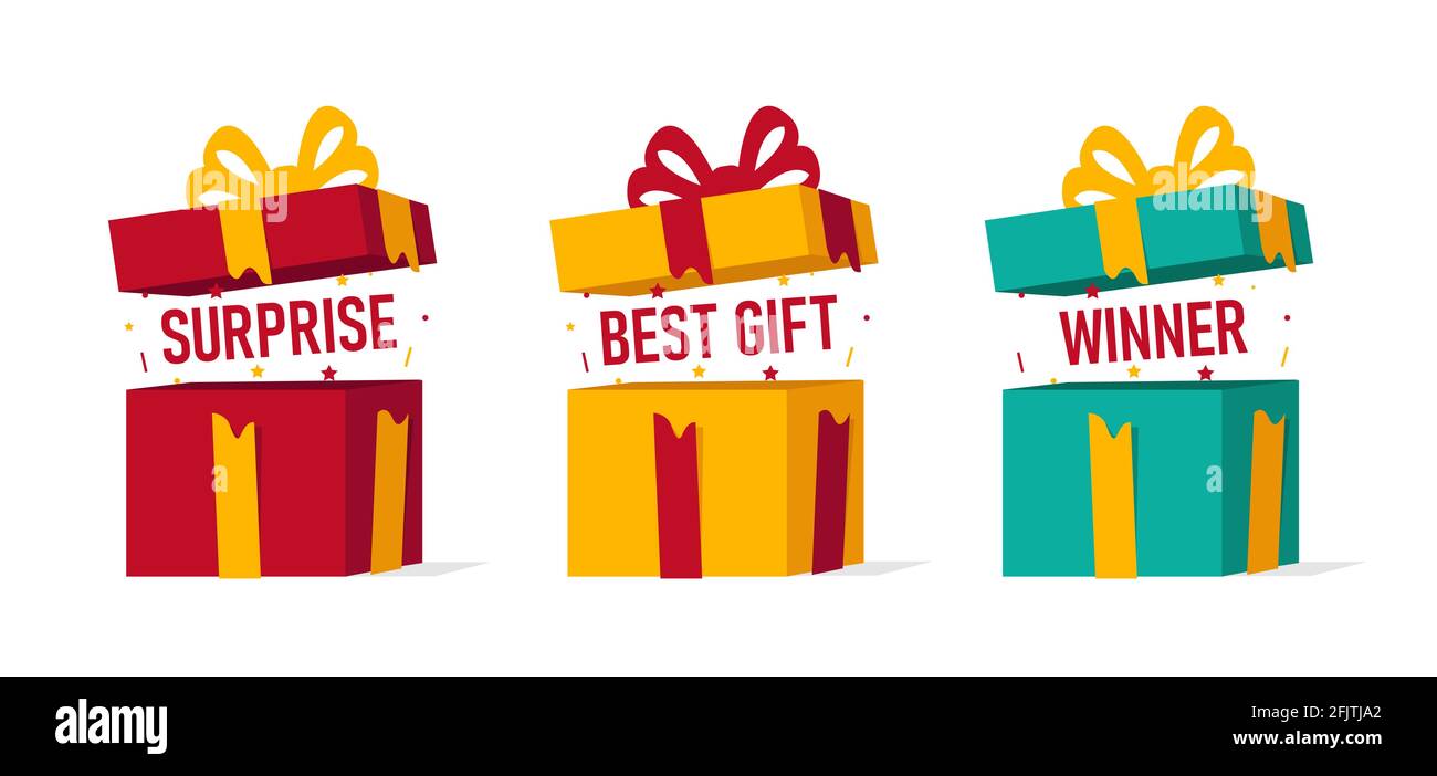 Set von offenen Geschenkboxen mit Konfetti, die mit großer Textkopie herauspooping, isoliert Stock Vektor