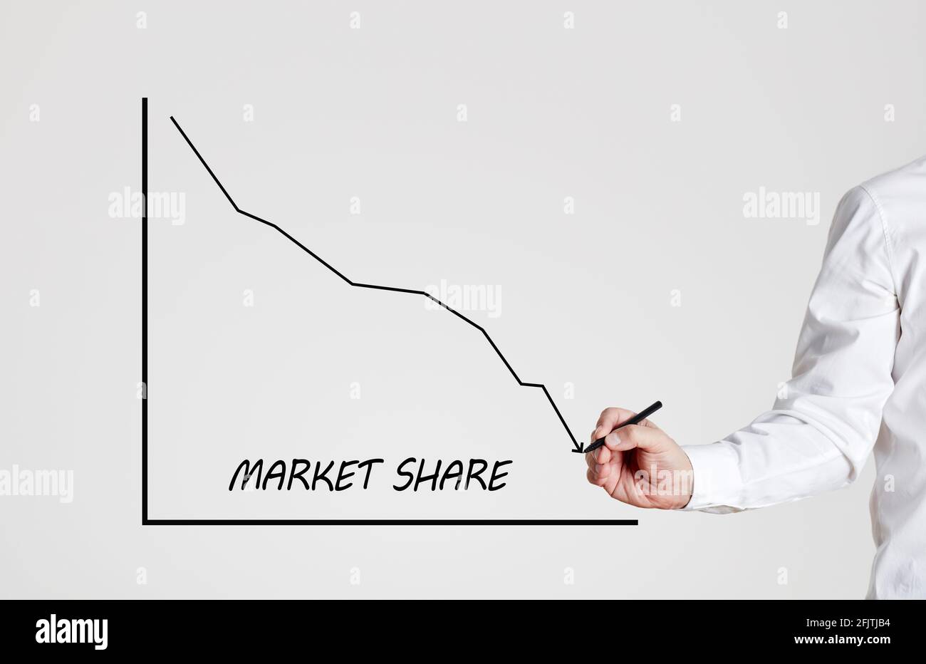 Businessman zeichnet ein abnehmendes Liniendiagramm mit dem Wortmarktanteil. Rückgang des Marktanteils von Unternehmen. Stockfoto