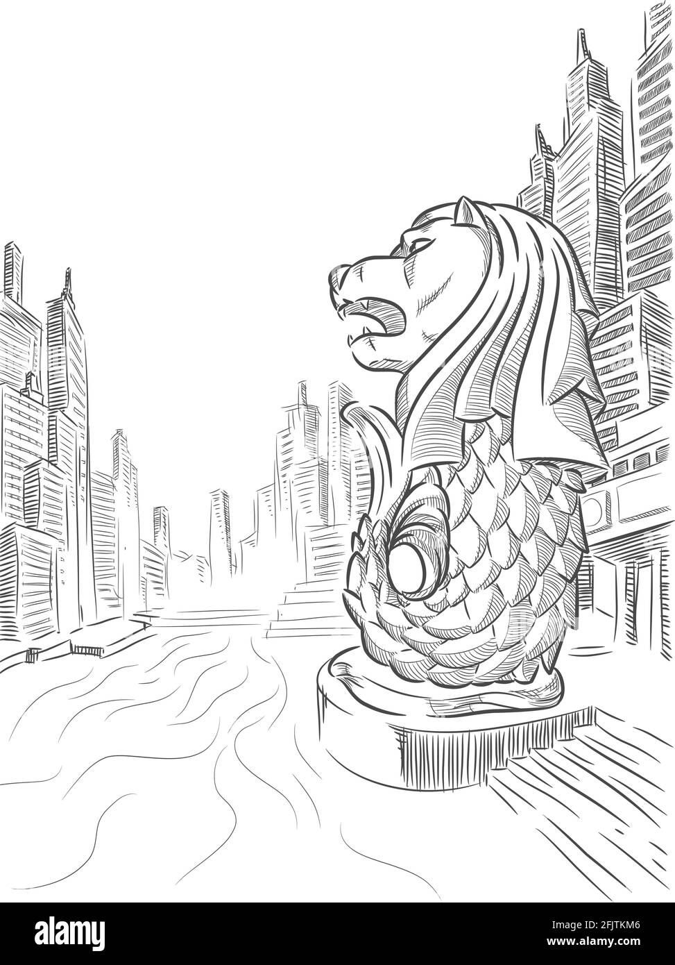 Skizze Singapur Merlion Landmark Doodle Outline Vektorzeichnung Stock Vektor