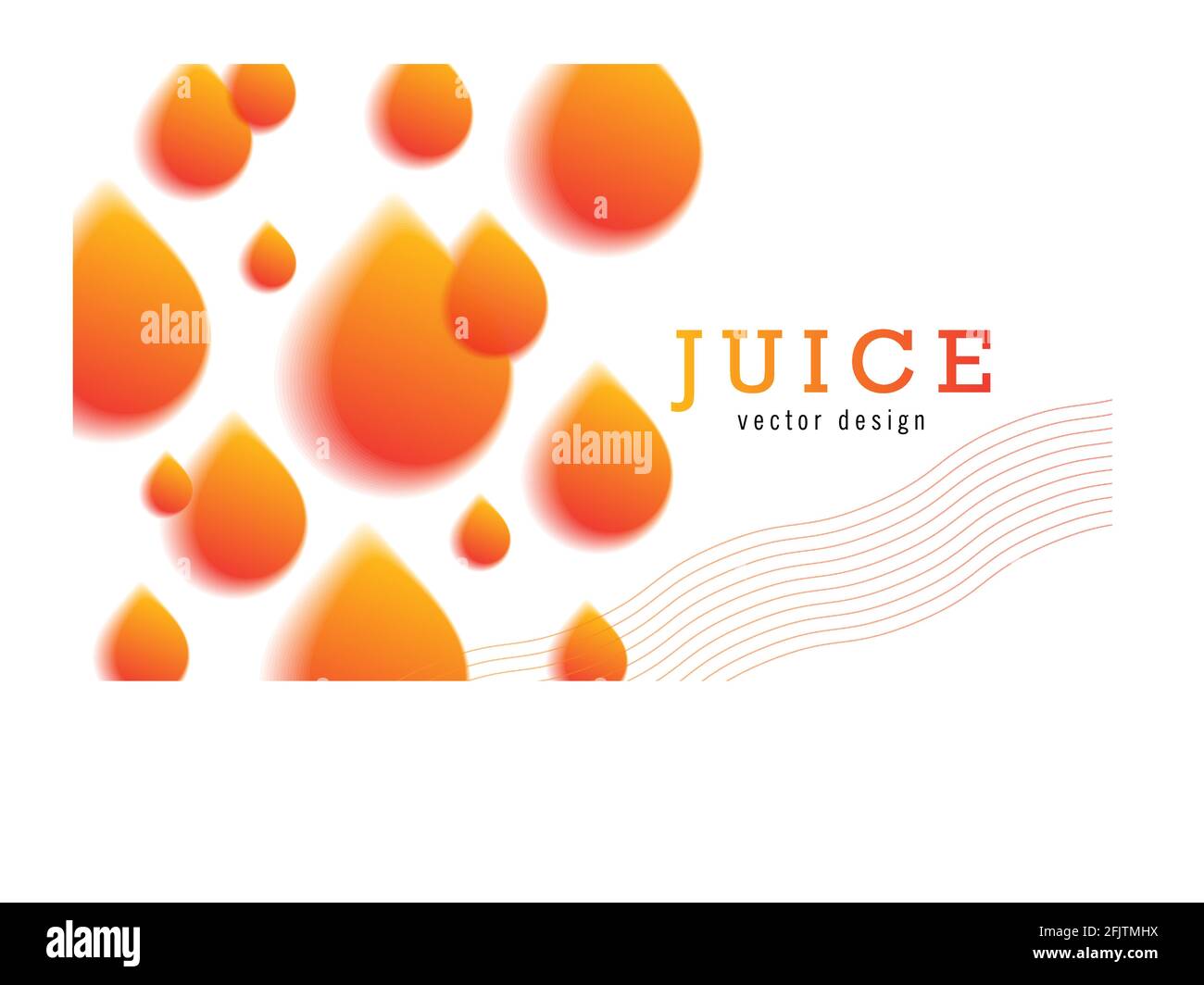 Abbildung mit leuchtend orangefarbenen Tropfen, die in Bewegung fallen, mit einem Text mit verlaufendem Saft auf weißem Hintergrund Stock Vektor