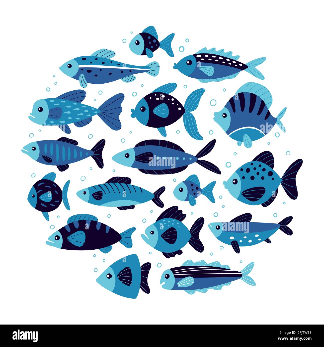Vektor-Hintergrund mit handgezeichneten niedlichen Fischen. Runde Komposition. Organisch flach. Farbpalette in Schwarz und Blau. Stock Vektor