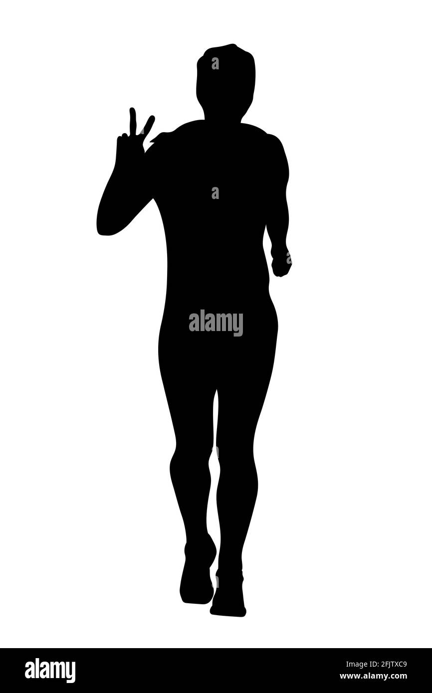 Weibliche Läuferin zeigen Hand Friedenszeichen schwarz Silhouette Stockfoto