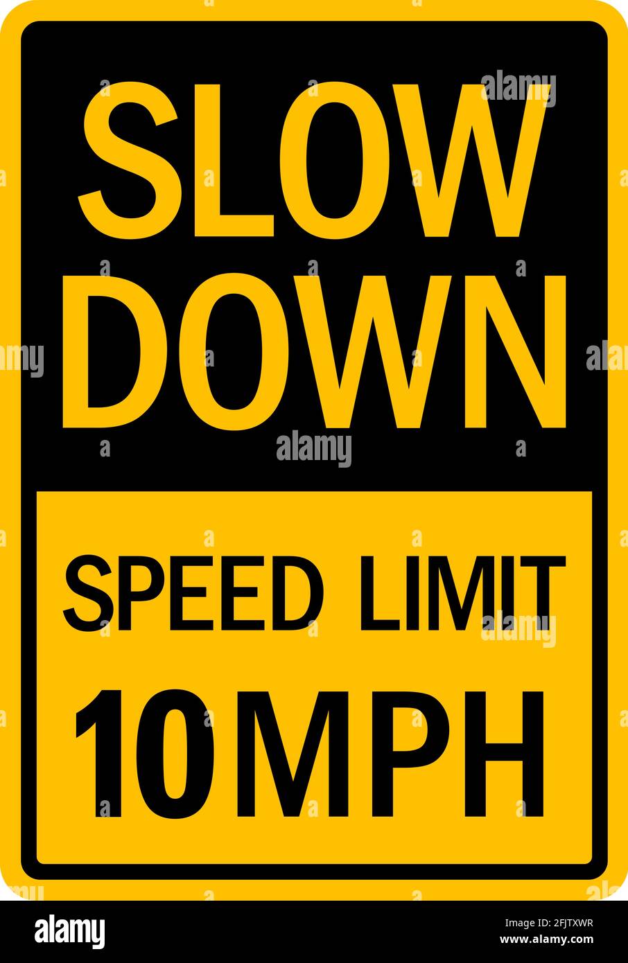 Geschwindigkeitsbegrenzung 10 MPH Zeichen verlangsamen. Schwarz auf gelbem Hintergrund. Verkehrszeichen und Symbole. Stock Vektor