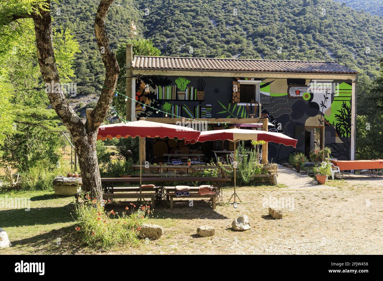 Frankreich, Vaucluse, Parc Naturel Regional du Mont Ventoux, Saint Leger du Ventoux (die kleinste Stadt von Vaucluse), Le Jardin Singulier, Esprit des Lieux und die assoziative Buchhandlung Maison Forestiere, Fassade gemalt von Graffiti-Künstler KLEMZ Stockfoto