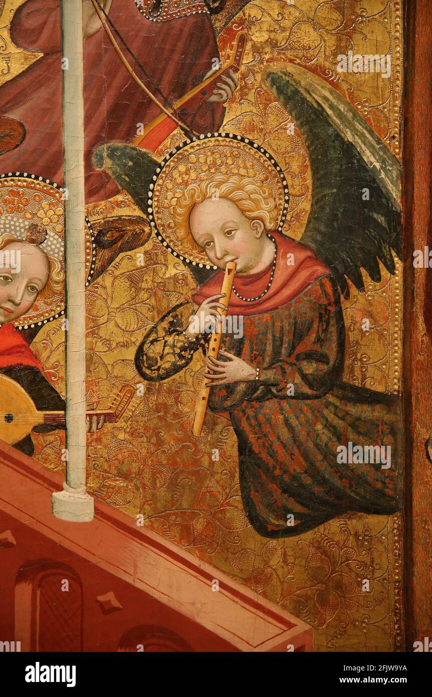 Altarbild der Jungfrau der Milch von Ramon Mur (1412-1436). Von der Kirche der Heiligen Maria von Cervera. Engel. Nationales Kunstmuseum von Katalonien. Barcelona, Spa Stockfoto