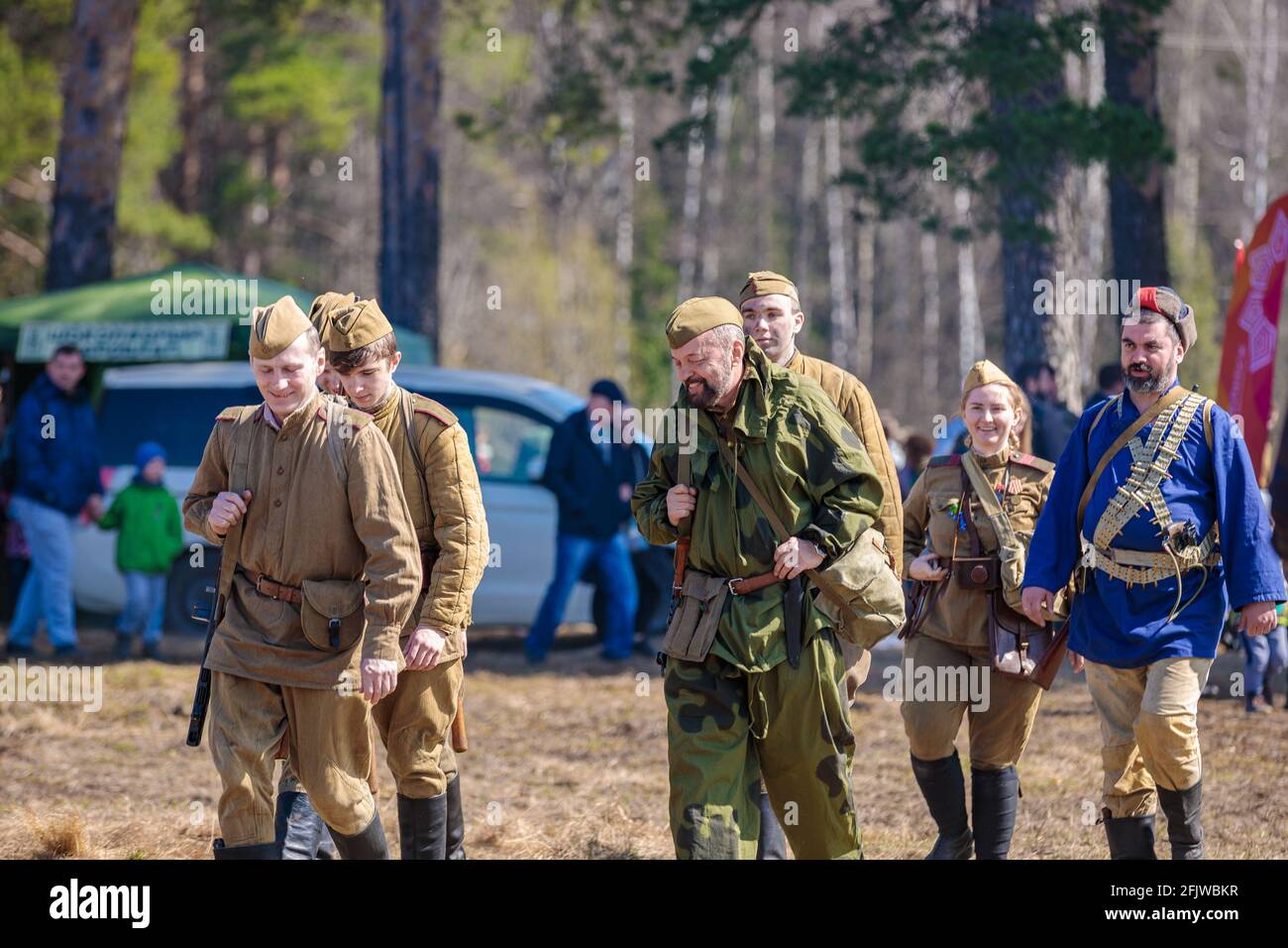 Wiederaufbau des Zweiten Weltkriegs. Eine Abteilung russischer Soldaten. Der Große Vaterländische Krieg. Befreiung Odessas. Selenograd Russland 18. April 2 Stockfoto