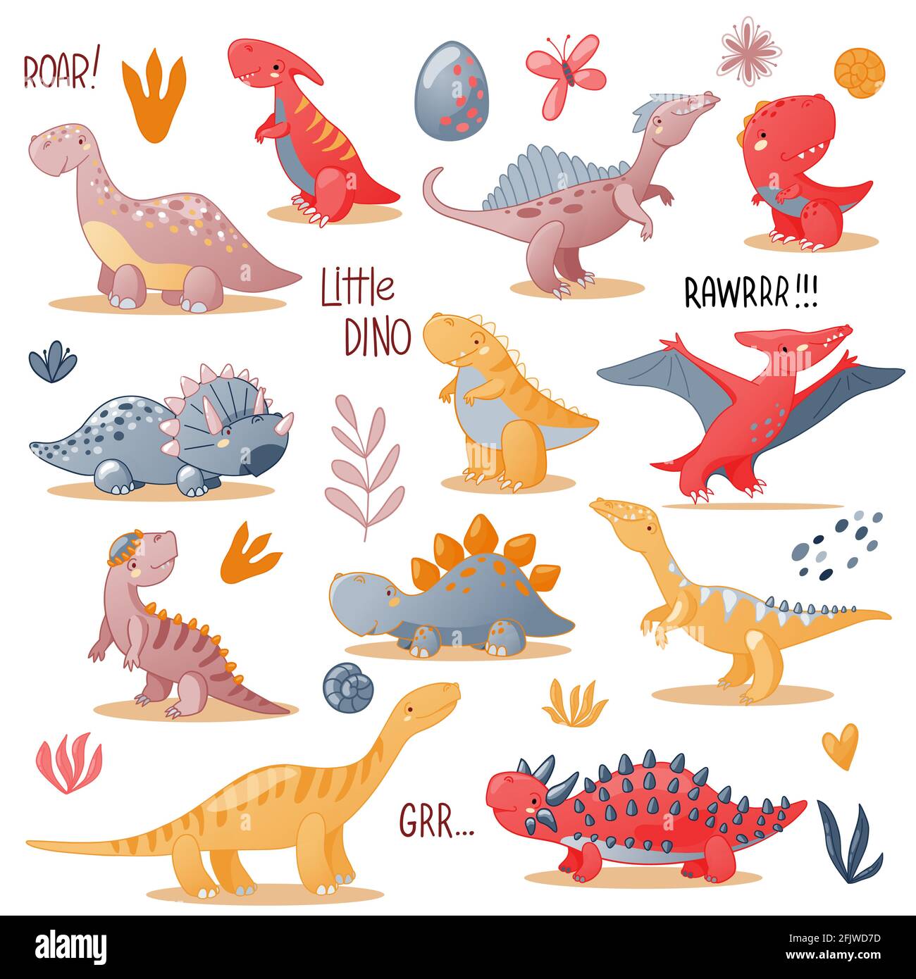 Niedliche Cartoon Dinosaurier-Set. Lustige Dino-Figuren für Kinder-Design. Vektordarstellung auf weißem Hintergrund isoliert. Stock Vektor