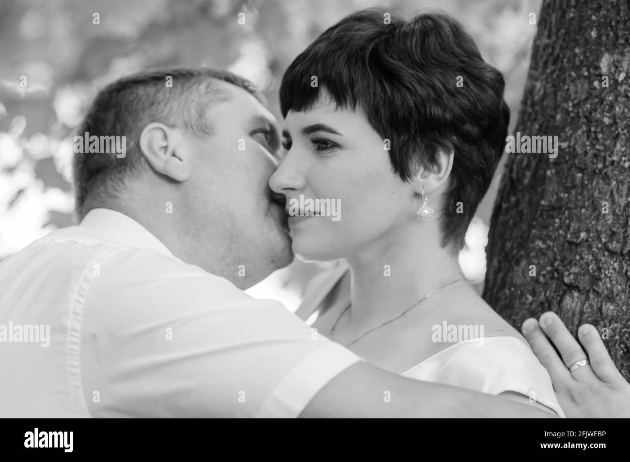 Brautpaar umarmen und küssen sich auf dem Hintergrund des Waldes Stockfoto