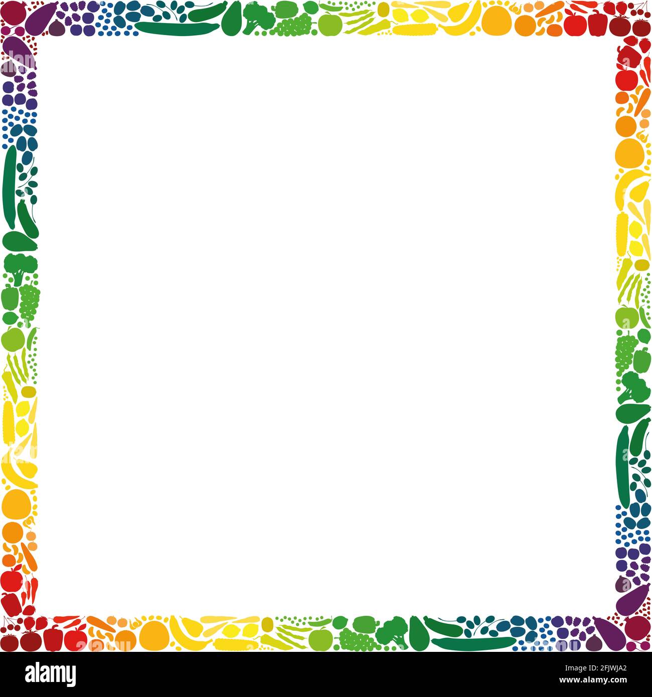 Obst und Gemüse, quadratischer Rahmen, Kollektion mit Regenbogen-Farbverlauf - Abbildung auf weißem Hintergrund. Stockfoto