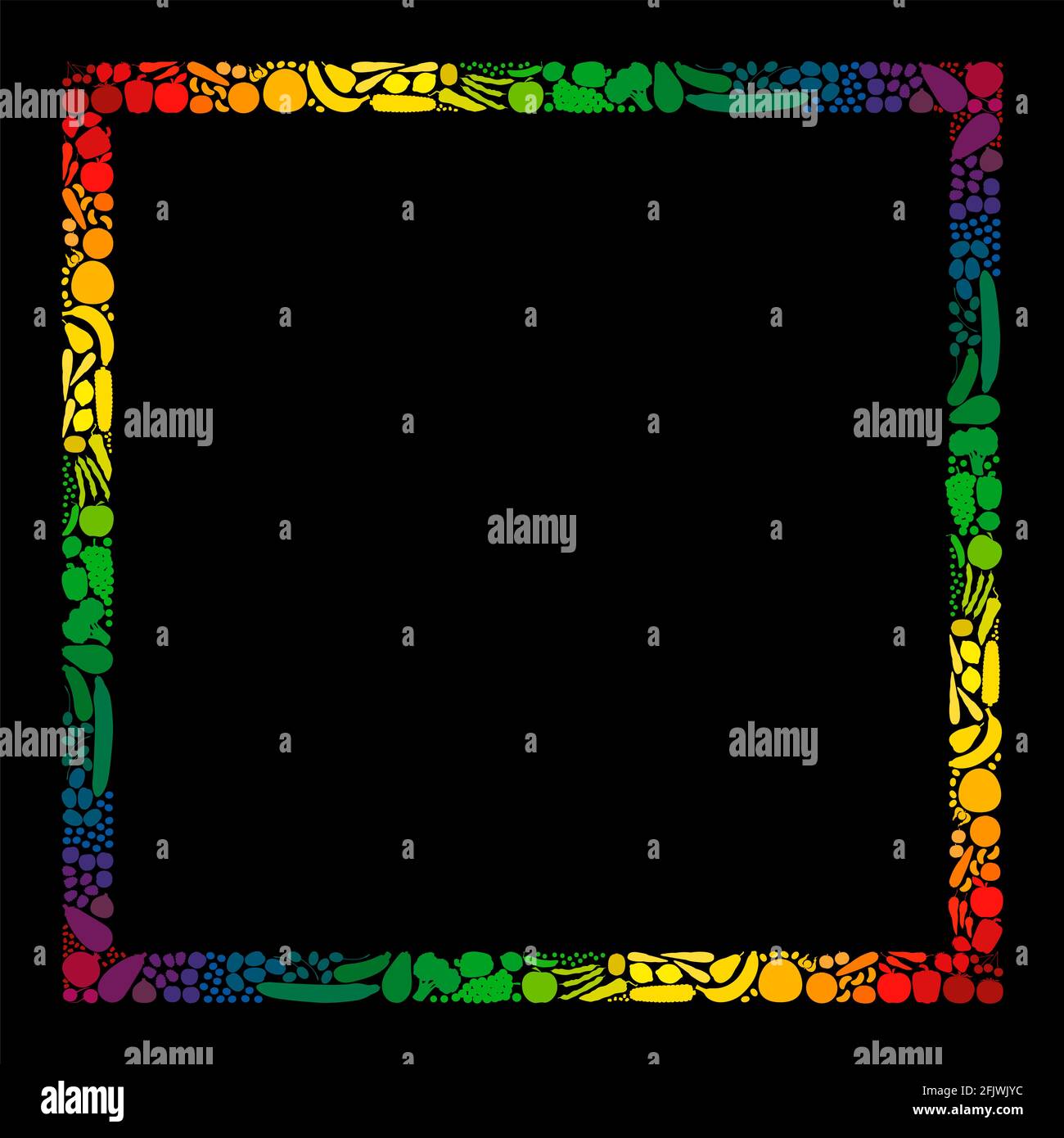 Gemüse- und Obstrahmen, quadratisches Format, regenbogenfarbene Streifen -Illustration auf schwarzem Hintergrund. Stockfoto