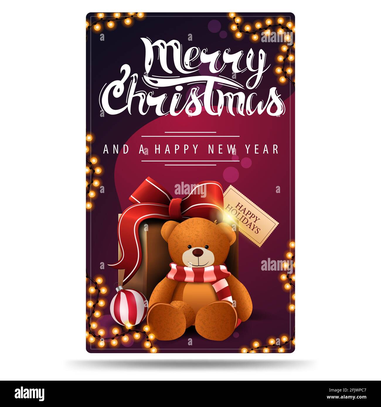 Frohe Weihnachten und glückliches Neues Jahr, lila vertikale Postkarte mit Girlanden und Geschenk mit Teddybär Stockfoto
