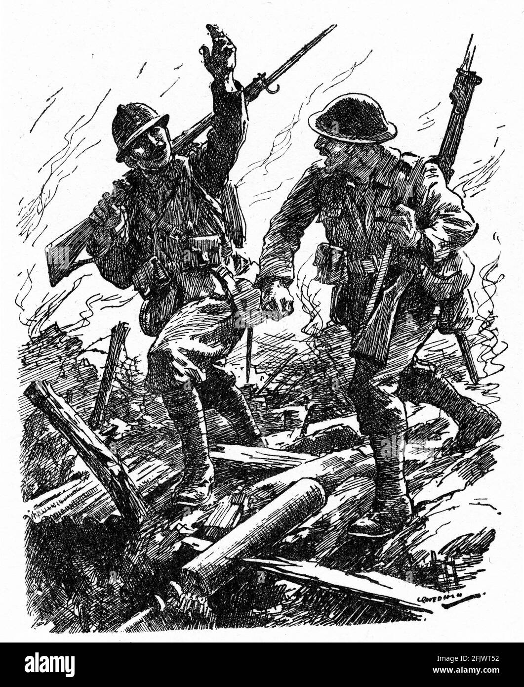 Gravur eines britischen und französischen Soldaten, der sich nach einer siegreichen Schlacht im Ersten Weltkrieg gratuliert. Stockfoto