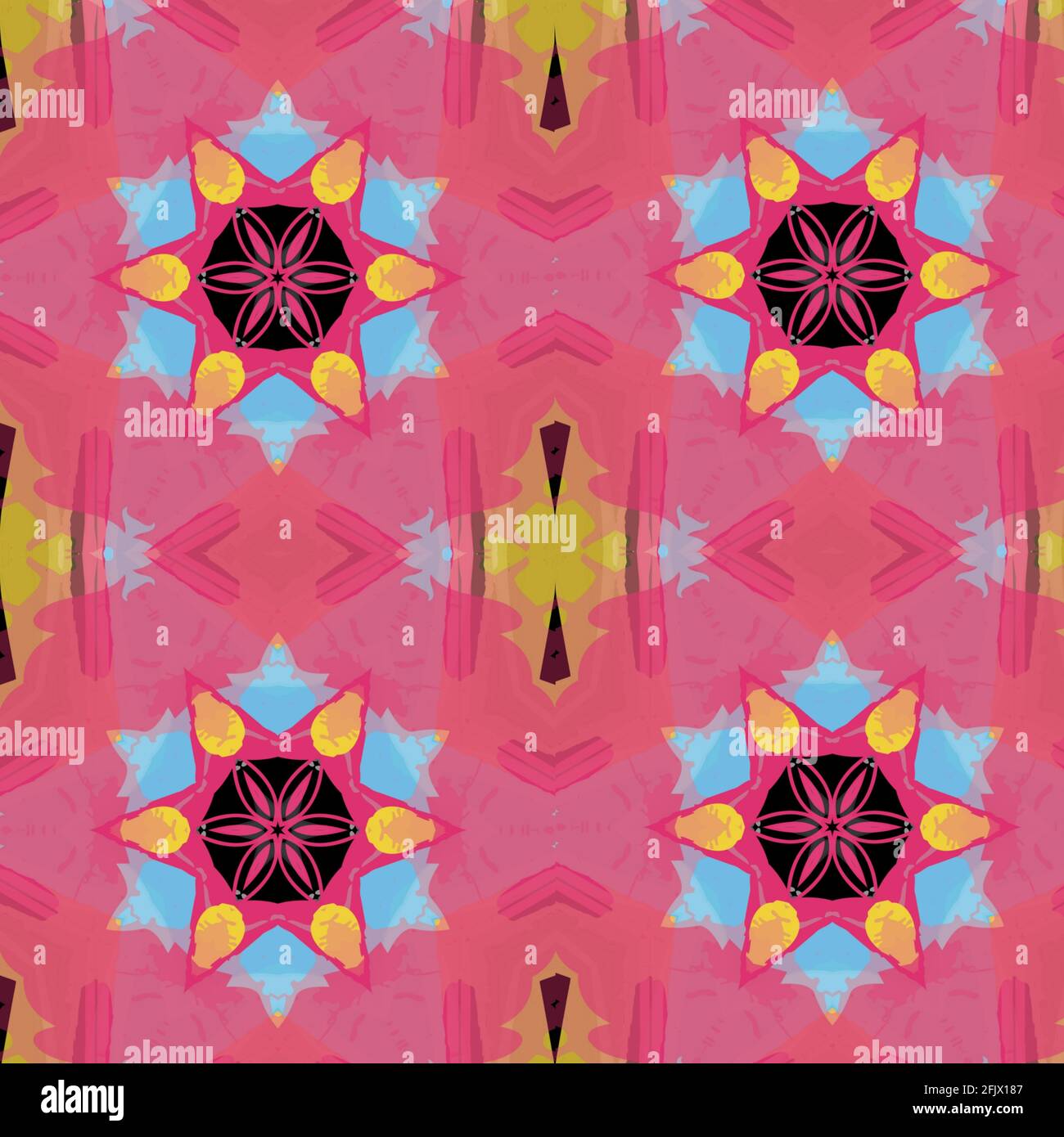 Illustration von lebhaften wiederholten Mustern auf einem rosa Hintergrund Stockfoto