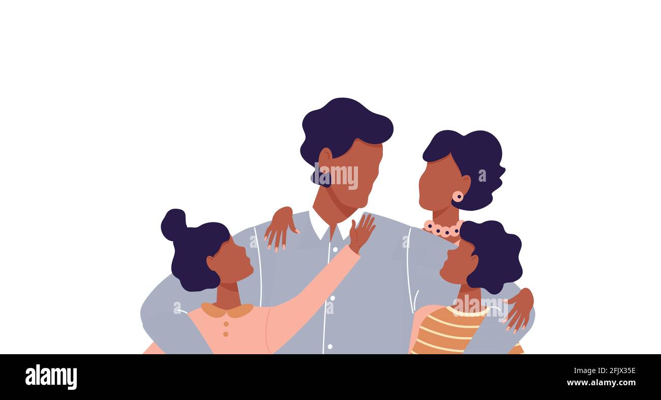 Afrikanischer Mann umarmte seinen Sohn und seine Tochter. Vater und Mutter ohne Gesicht zusammen mit Kindern. Afro Vater und Mutter im Gespräch mit seinen Kindern. Frohe Familie. Niedlich Stock Vektor