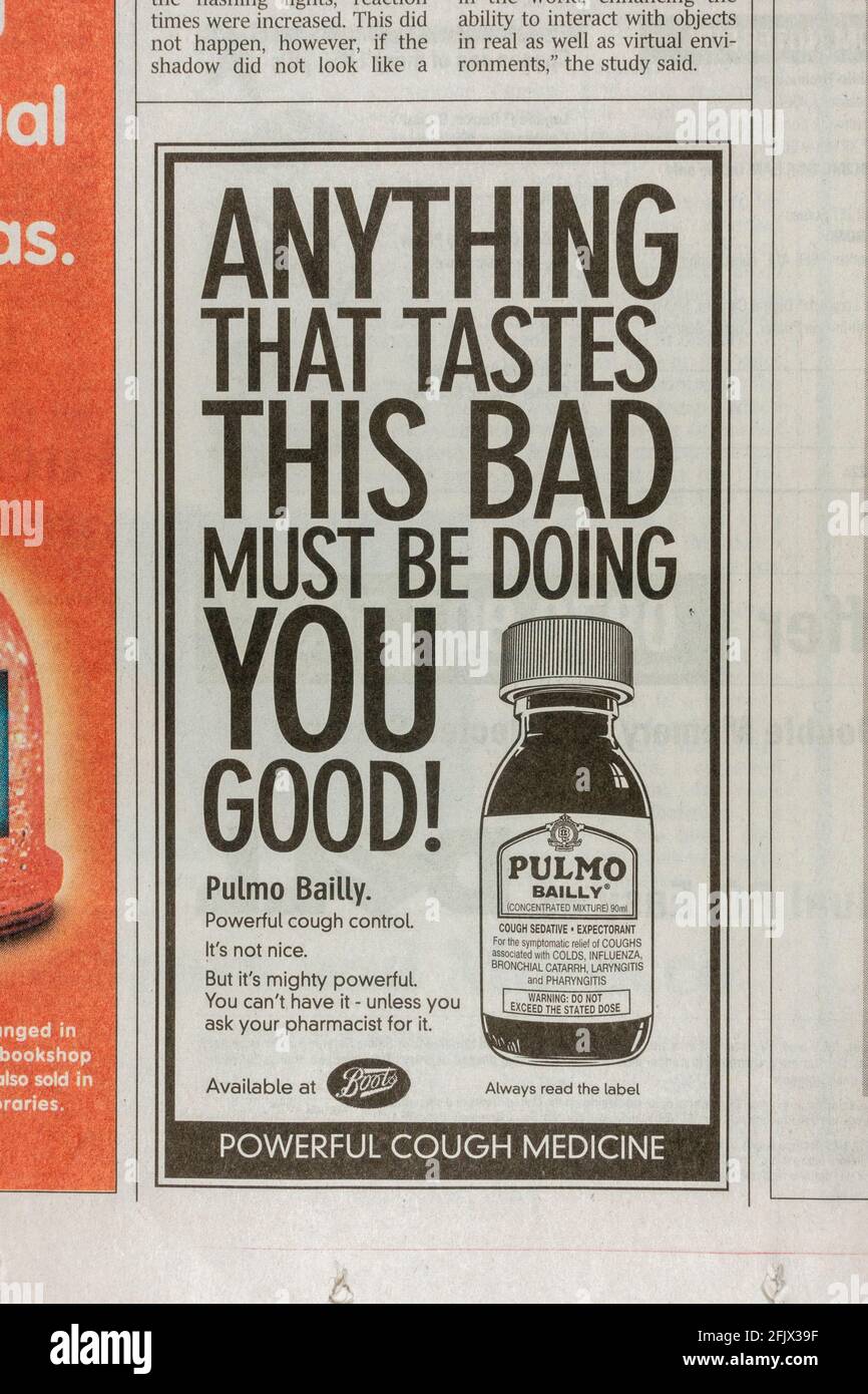 Anzeige für Hustenmischung/Medizin von Pulmo Bailly in der britischen Zeitung Times am 15. Dezember 2003. Stockfoto