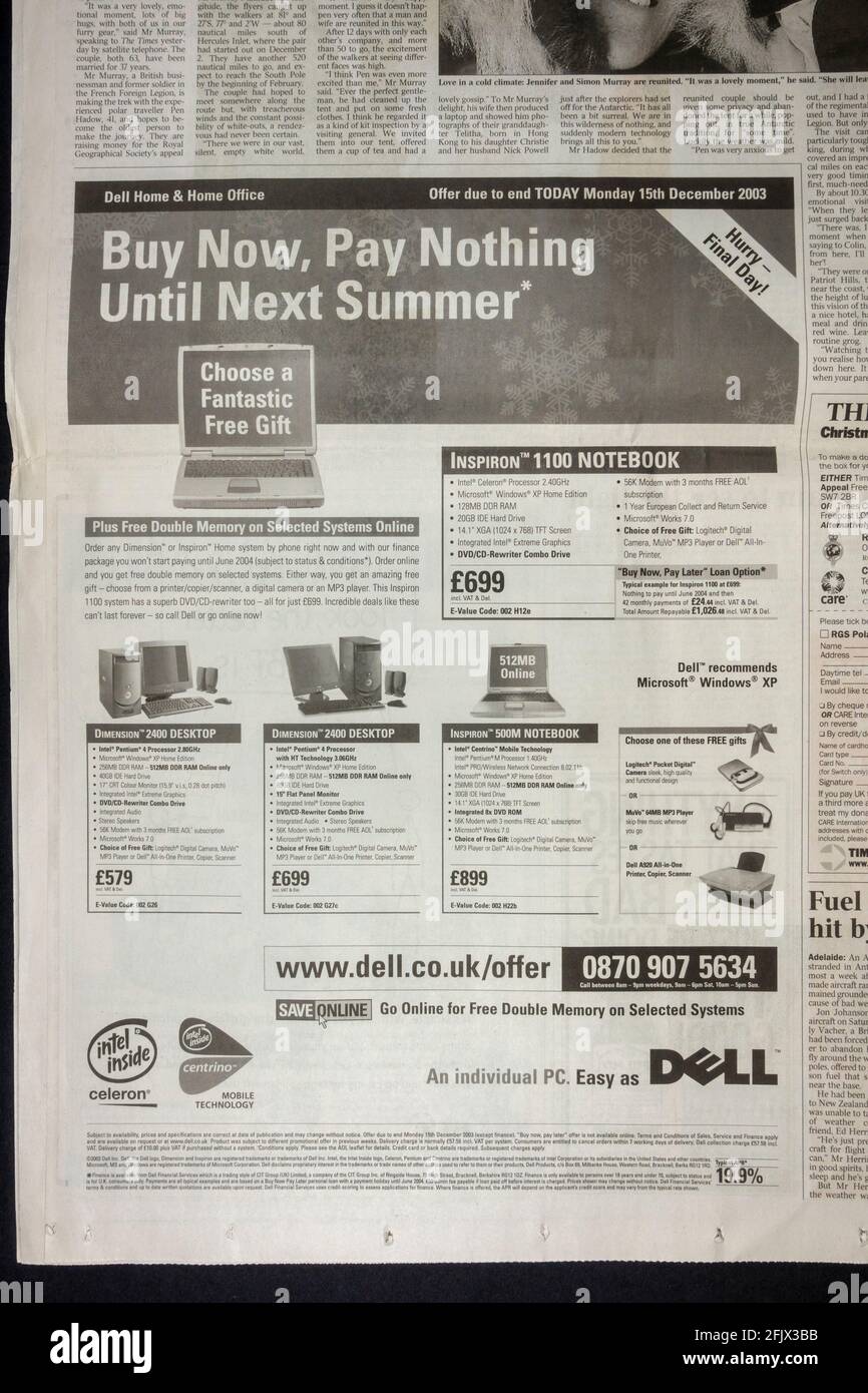 Werbung für Dell Computer in der britischen Zeitung The Times am 15. Dezember 2003. Stockfoto