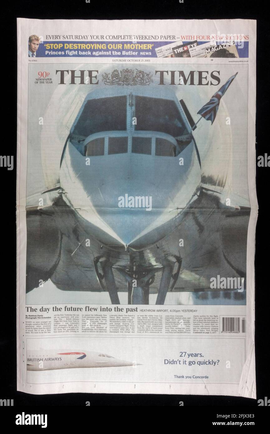 Titelseite der Zeitung The Times am 25. Oktober 2003 nach dem letzten kommerziellen Flug der Concorde. Stockfoto