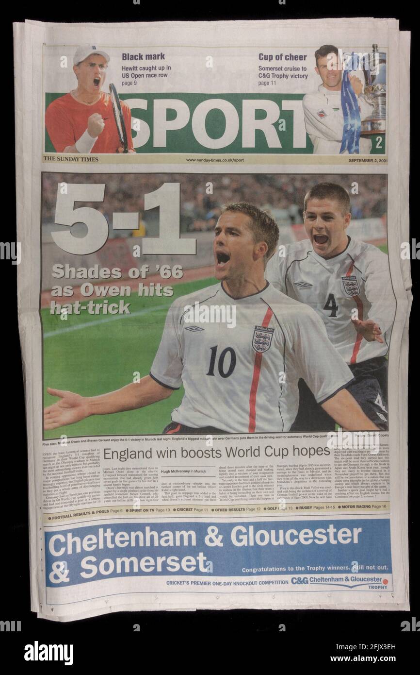 Schlagzeile „5-1“ auf der Titelseite der Times Sports Section 2. September 2001 nach der Niederlage Deutschlands in England in der Nacht zuvor. Stockfoto