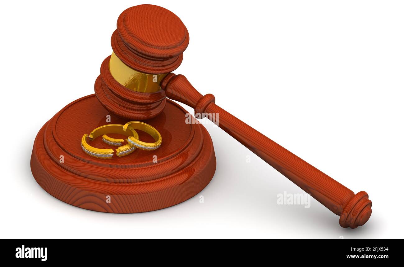 Richterliche Praxis in der Scheidung. Beurteilen Sie Hammer und zerbrochene Eheringe auf einer weißen Oberfläche. Scheidungskonzept. 3D-Illustration Stockfoto