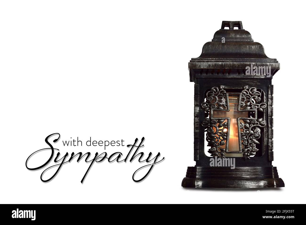 Sympathiekarte mit brennender Kerze isoliert auf weißem Hintergrund Stockfoto