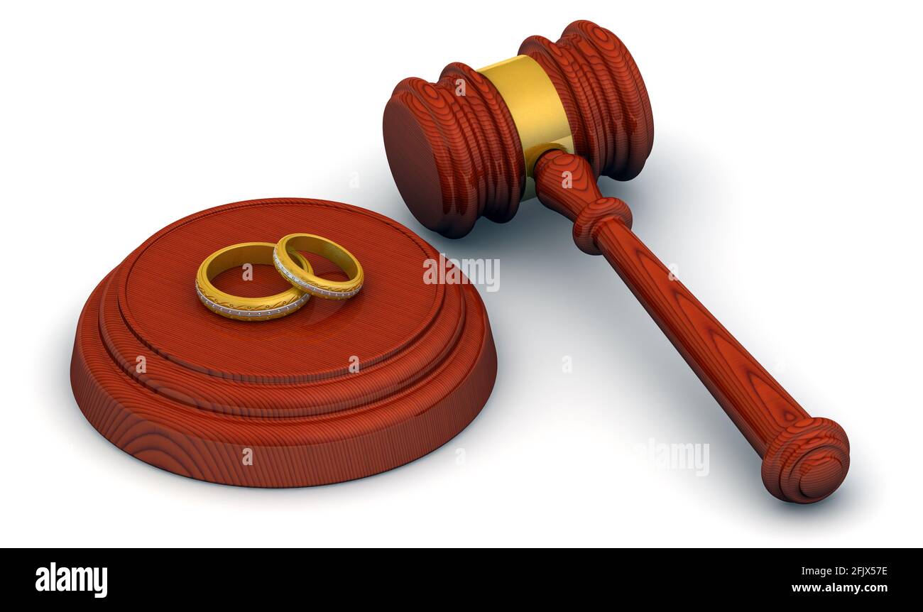Richterliche Praxis in der Scheidung. Beurteilen Sie Hammer und goldene Eheringe auf einer weißen Oberfläche. Scheidungskonzept. 3D-Illustration Stockfoto