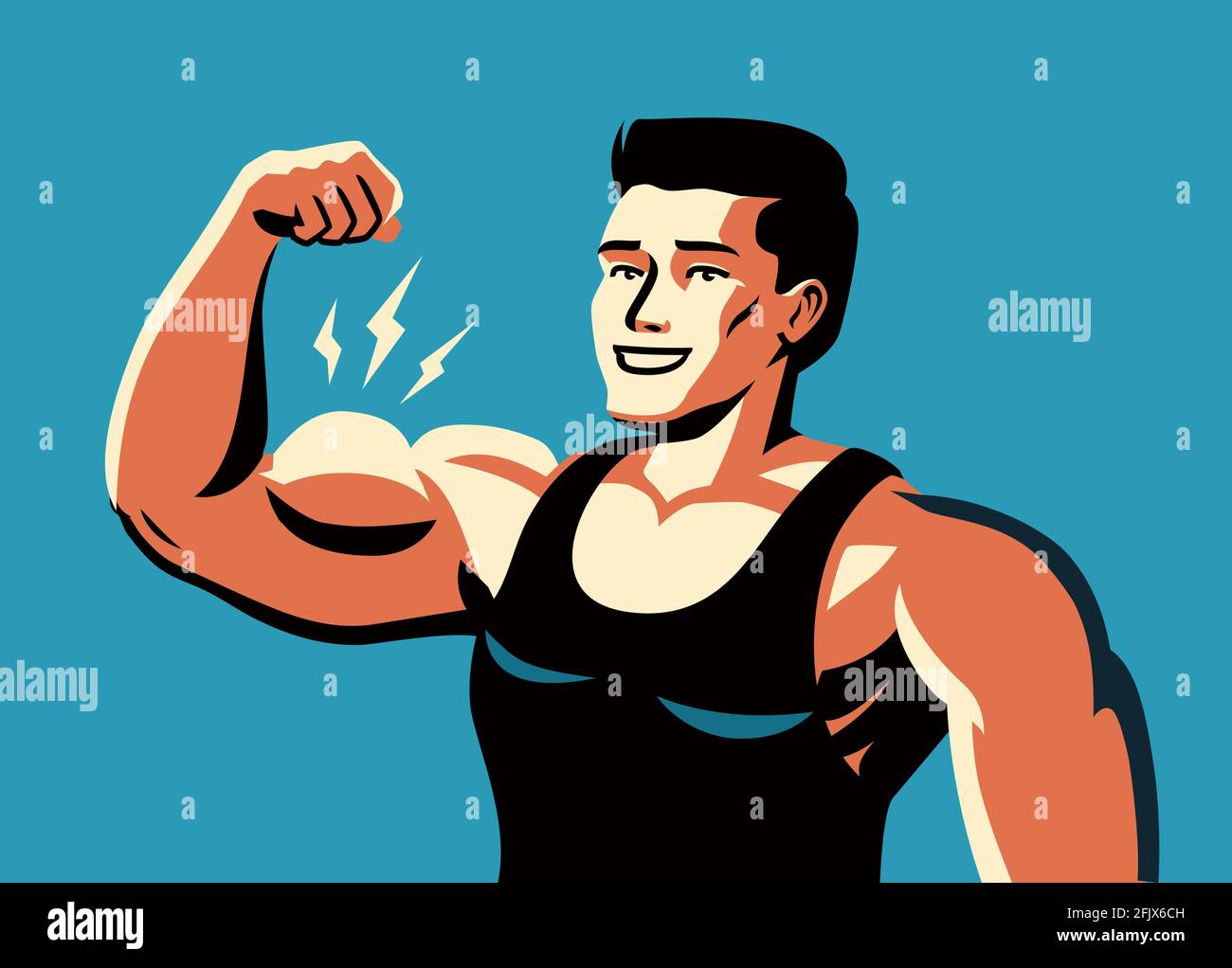 Muskulöser Mann, der den Arm beugt und starke Bizeps belastet. Vektordarstellung „Gym Concept“ Stock Vektor