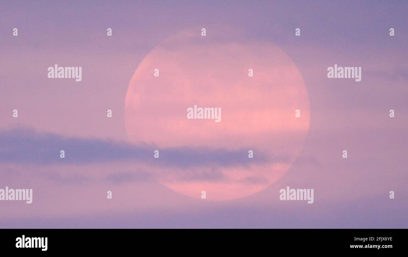 UK Wetter UK Wetter Pink Full Super Moon steigt über Windturbinen am Longcliffe Quarry, Ryder Point Derbyshire Dales UK, Brassington, Harborough Rocks & The High Peak Trail, Derbyshire, Peak District National Park Stockfoto
