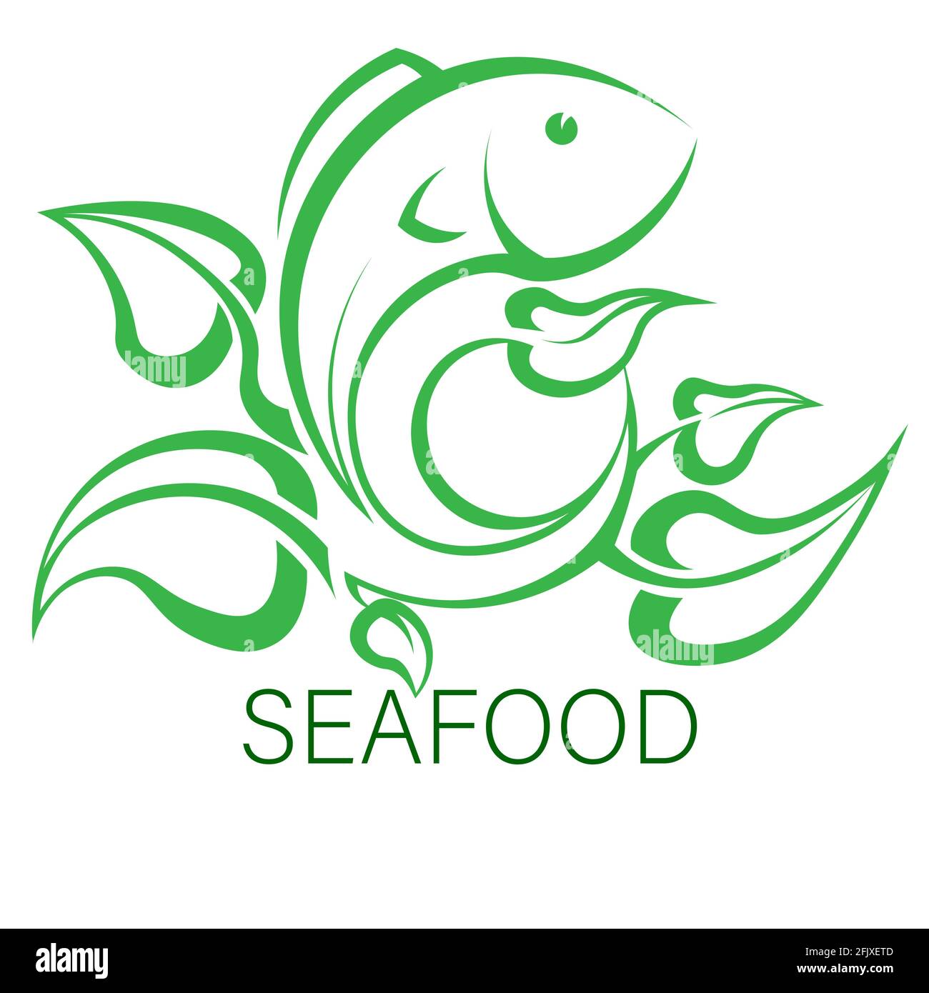 Logo Meeresfrüchte Fisch in grünen Blättern Wellen 2 Stock Vektor