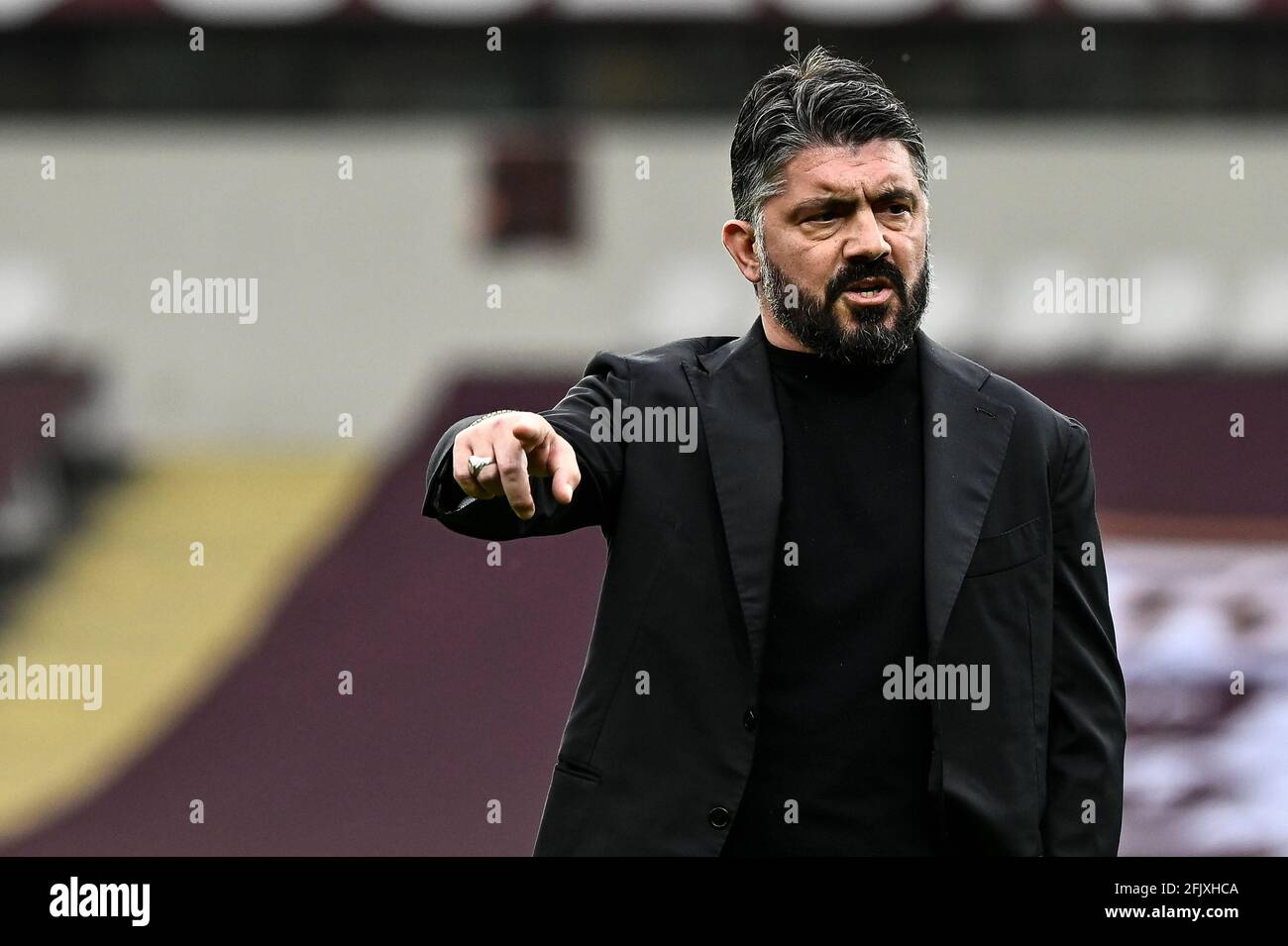 Turin, Italien. 26. April 2021. Gennaro Gattuso, Cheftrainer des SSC Napoli, zeigt sich beim Aufwärmen vor dem Fußballspiel der Serie A zwischen dem FC Turin und dem SSC Napoli. SSC Napoli gewann 2-0 gegen den FC Turin. Kredit: Nicolò Campo/Alamy Live Nachrichten Stockfoto