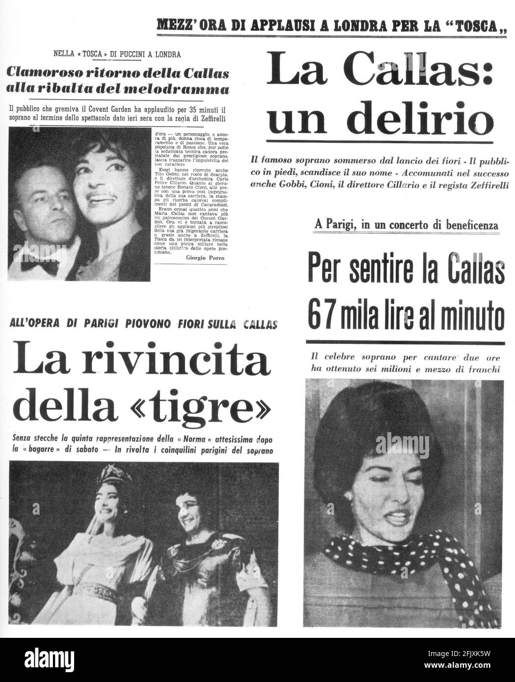 1960er Jahre : der berühmteste aller Zeiten Opernsänger MARIA CALLAS ( Maria Anna Kalogeròpoulos - New York 1923 - Paris 1977 ) in die italienischen Zeitschriften Schlagzeilen für seine Auftritte in ' Tosca' ( Puccini ) und ' Norma ' ( Bellini ) In Paris und London - THEATER - TEATRO - Cantante lirica - classica - klassisch - Franco Zeffirelli - rassegna stampa ---- Archivio GBB Stockfoto