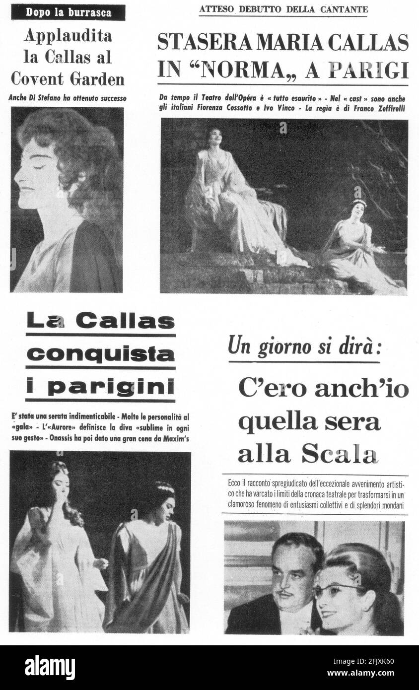 1960er Jahre : der berühmteste aller Zeiten Opernsänger MARIA CALLAS ( Maria Anna Kalogeròpoulos - New York 1923 - Paris 1977 ) in die italienischen Zeitschriften Schlagzeilen für seine Auftritte in ' Tosca' ( Puccini ) und ' Norma ' ( Bellini ) In Paris und London - THEATER - TEATRO - Cantante lirica - classica - klassisch - Franco Zeffirelli - rassegna stampa ---- Archivio GBB Stockfoto