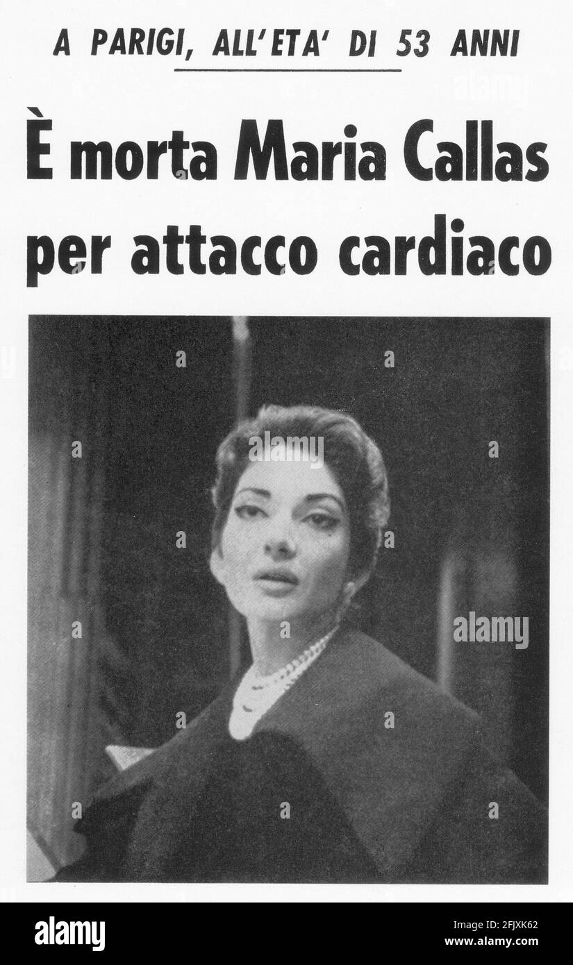 1977 , ITALIEN: Der berühmteste aller Zeiten Opernsänger MARIA CALLAS ( 1923 - 1977 ) in den italienischen Zeitschriften Schlagzeilen für seinen Tod in Paris - THEATER - TEATRO - Cantante lirica - classica - klassisch - morte - rassegna stampa - infarto - attacco cardiaco - infarct -- -- Archivio GBB Stockfoto