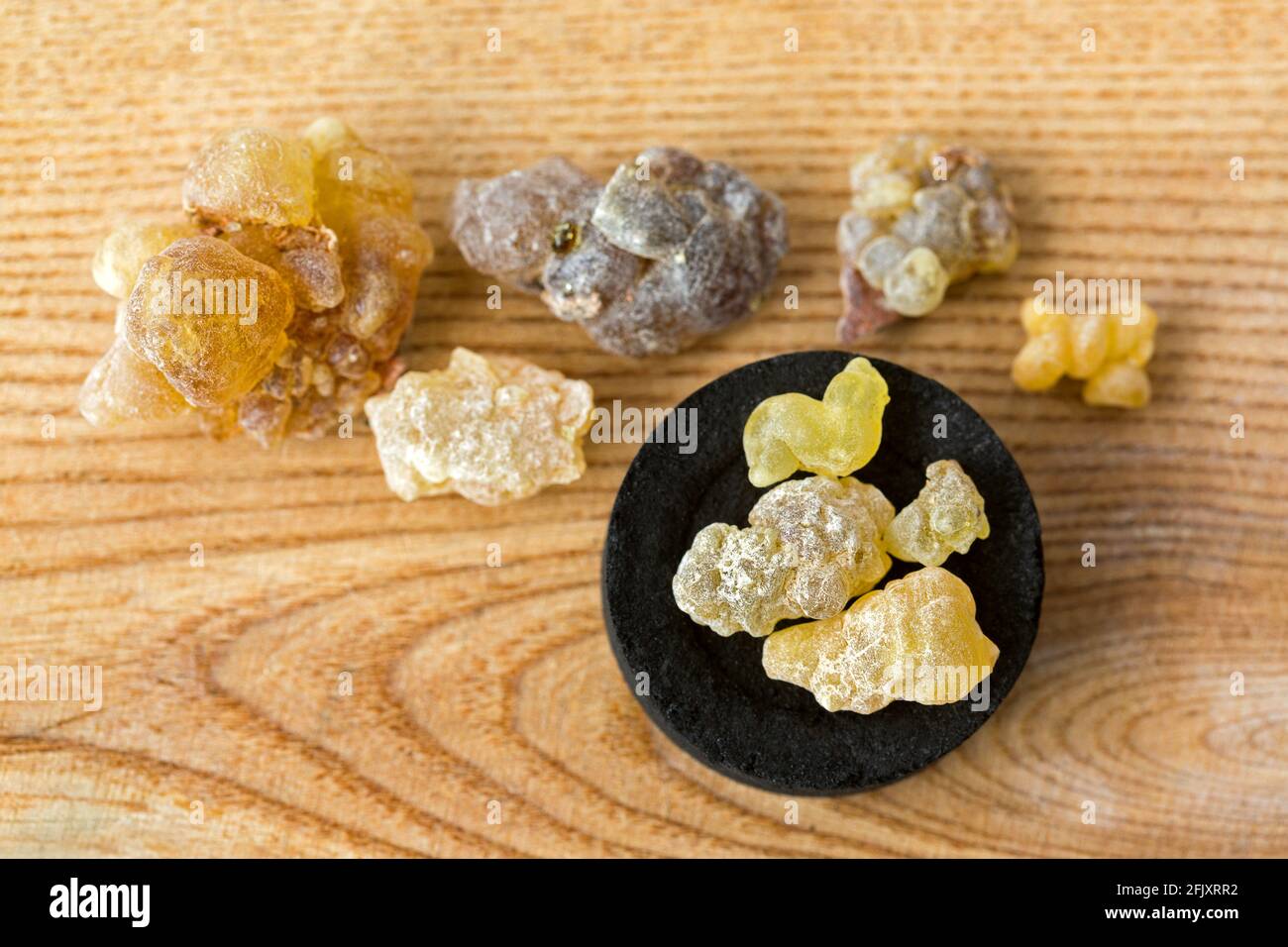 Großer aromatischer, gelber Harzgummi auf schwarzer runder Scheibe arabischer Kohlen zum Verbrennen von aromatischem Weihrauch, frei von chemischen Zusätzen auf Holzgrund Stockfoto