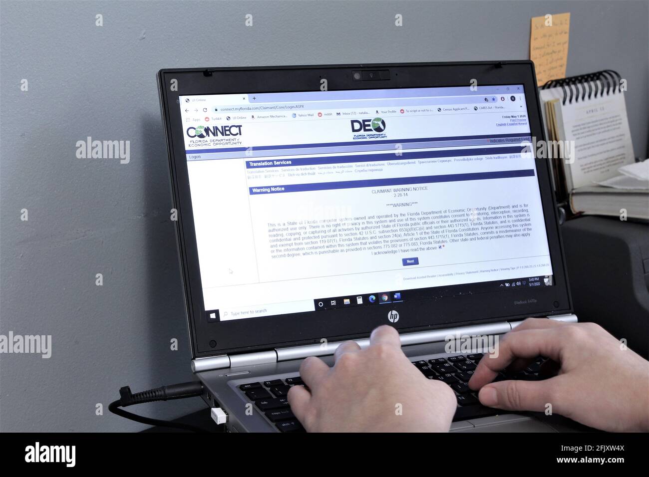 Arbeitslose Floridas im Bundesstaat Florida werden aufgrund der COVID-19-Pandemie vom DEO, Department of Economic Opportunity, gemäß dem CARES Act verweigert Stockfoto