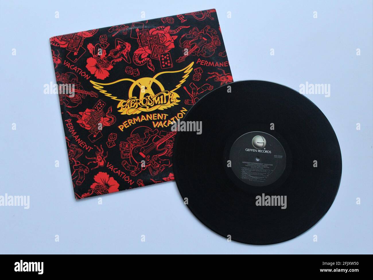 Klassische Rockband, Aerosmith, Musikalbum auf Vinyl-Schallplatte. Mit Dem Titel „Permanenter Urlaub“ Stockfoto
