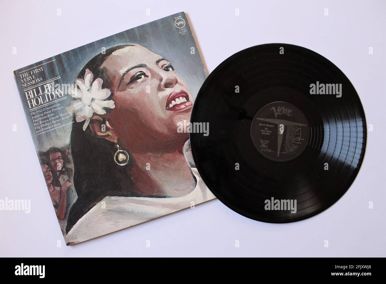 Jazz-, Pop- und Soul-Künstlerin, Billie Holiday-Musikalbum auf Vinyl-LP-Schallplatte. Titel: Die Ersten Verve Sessions Stockfoto