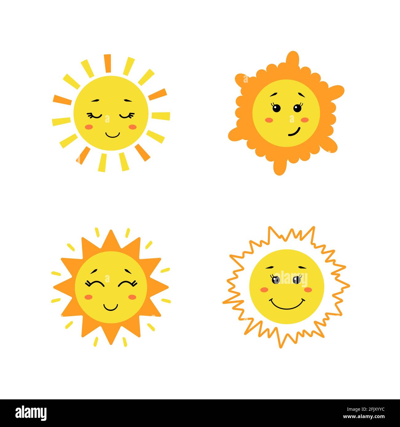 Set von niedlichen handgezeichneten Sonne. Gelbe lustige Sonnen mit verschiedenen Emotionen isoliert auf weißem Hintergrund. Vektor kindliche Illustration in flachen Cartoon-Stil Stock Vektor