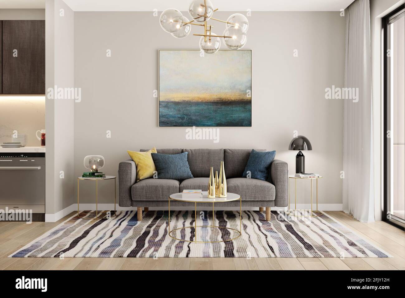 Offenes Luxus-Wohnzimmer mit Bürotisch und keuchend, hängende Beleuchtung, Holzboden, Wohnung Stockfoto