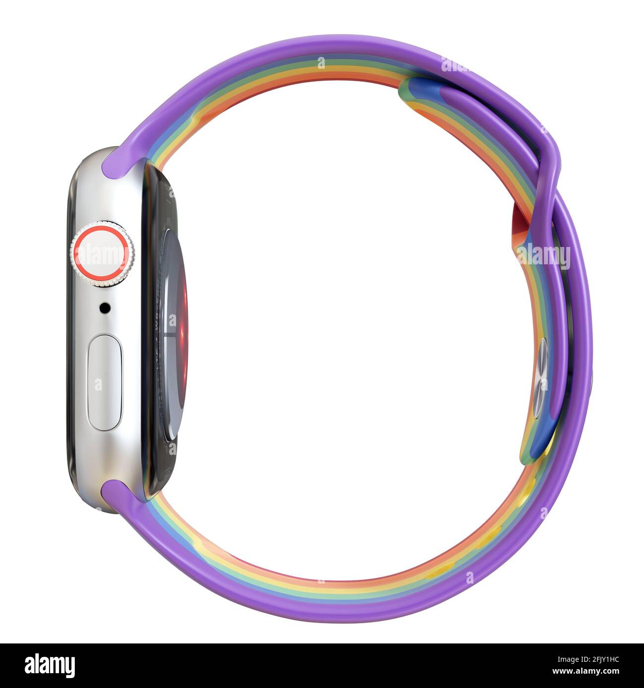 Apple Watch Series 6 Sport 44 mm Silber Aluminiumgehäuse mit Sport Band mit Activity-App auf dem Display. Isoliert auf weißem Hintergrund. Stockfoto