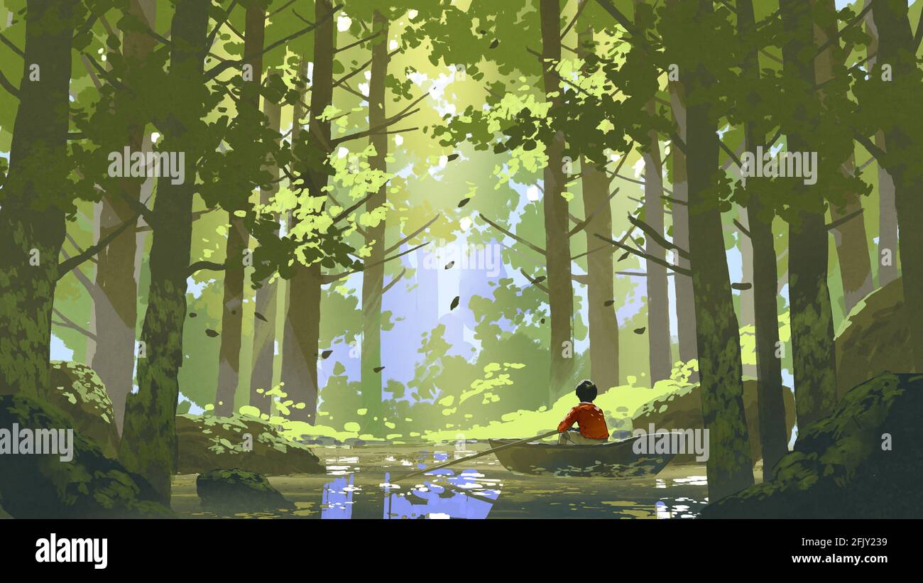 Junge rudern ein Boot in einem Fluss durch den Wald, digitale Kunst Stil, Illustration Malerei Stockfoto