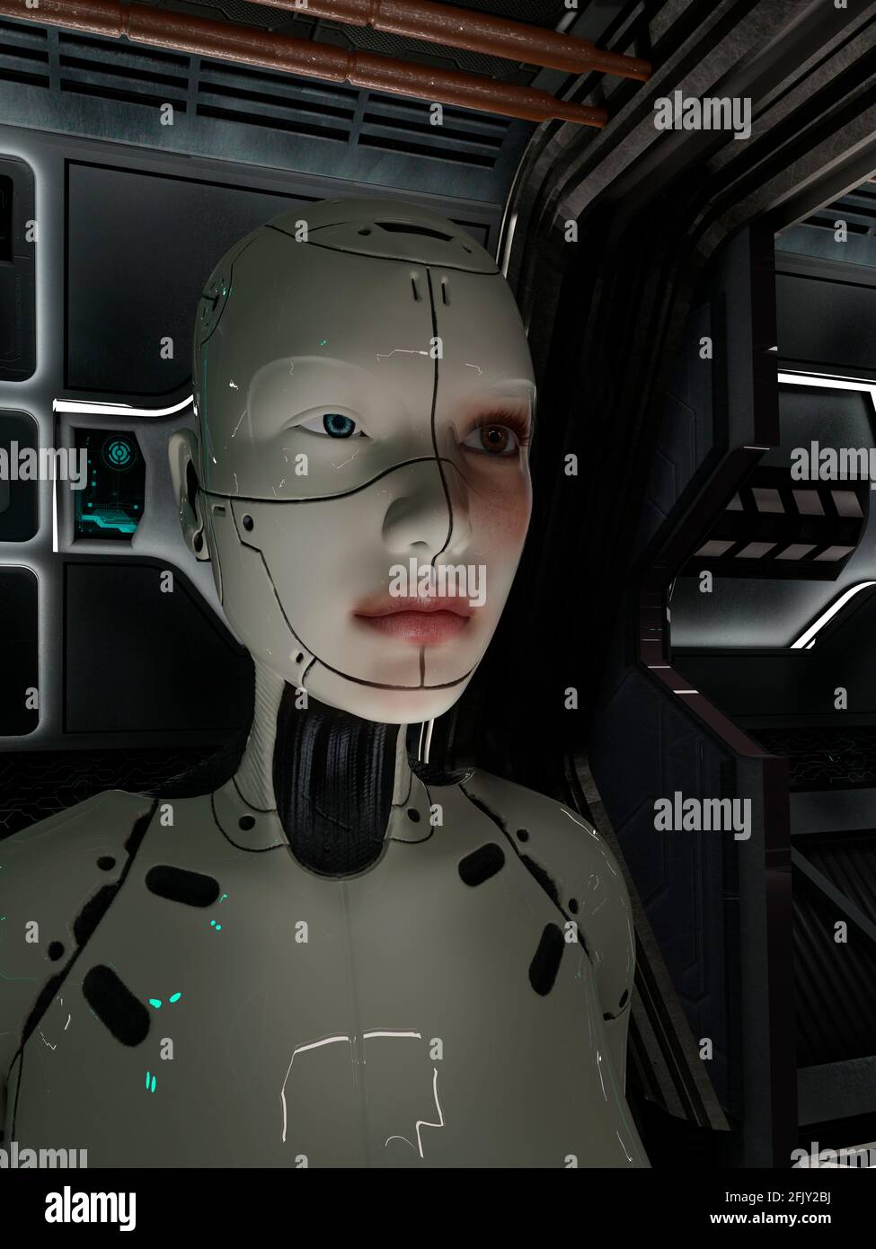 Cyborg Frau im futuristischen Raumkorridor - 3d-Rendering Stockfoto