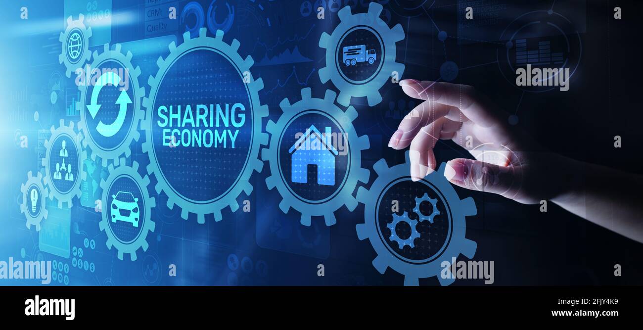 Gemeinsame Nutzung von Wirtschaft, Innovation und Zukunft Business Technology Konzept auf virtuellen Bildschirm Stockfoto