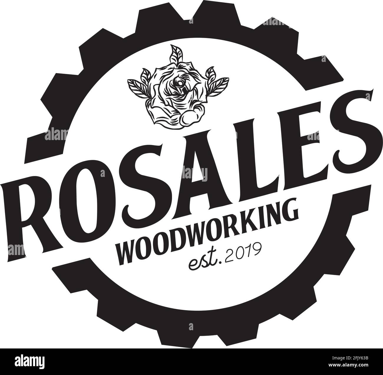 Rosales Woordworking Logo mit Zahnrad und Rose Vektor Vorlage Stock Vektor